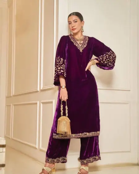 Buy Gauhar Khan Wear Purple Color Velvet Plazzo Suit