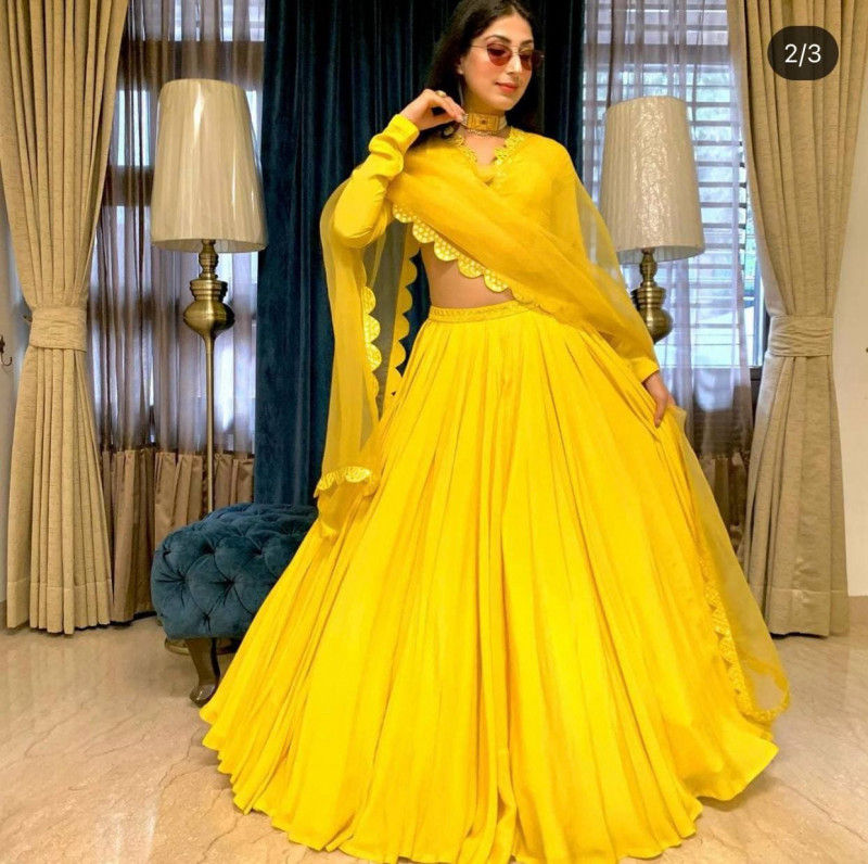Thumbnail: Buy Sunshine Yellow Colored Georgette Base Flared Lehenga Choli