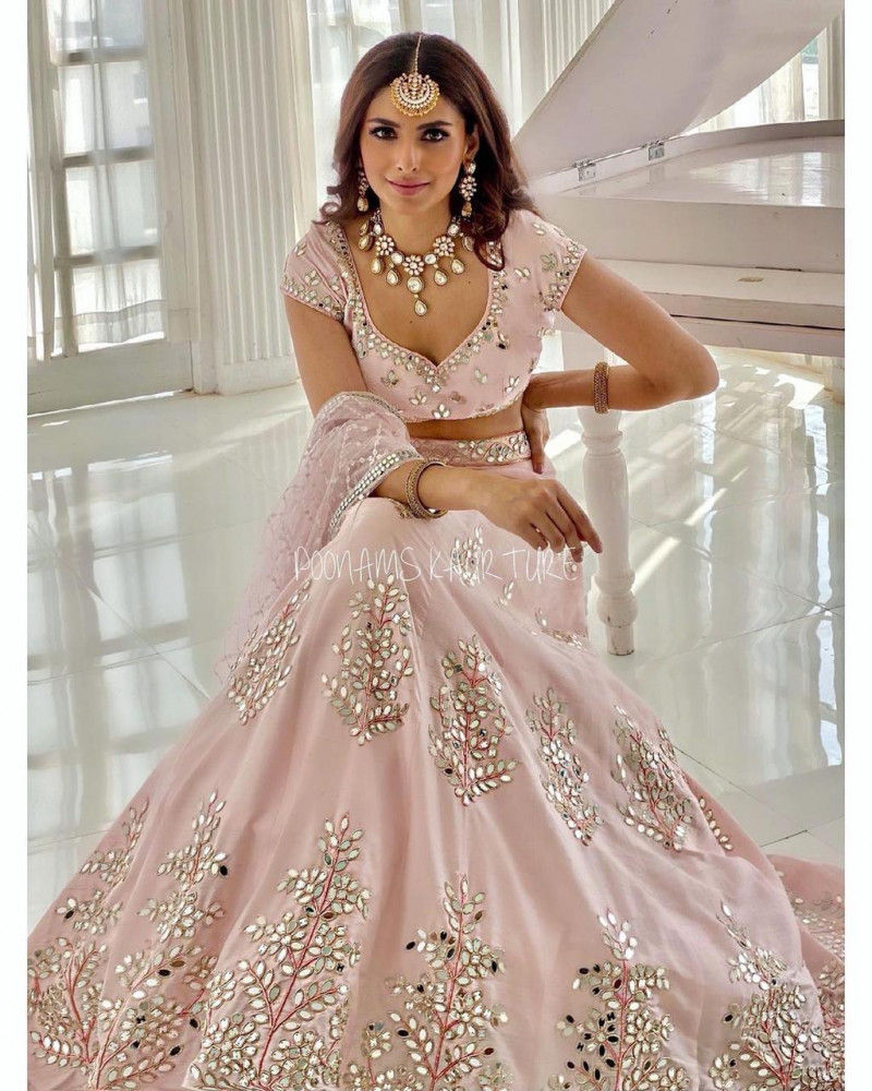 Thumbnail: Buy Wedding Wear Peach Heavy Real Mirror With Embroidery Work Lehenga