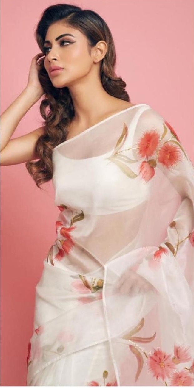 Mouni Roy Style Floral Printed White Bollywood Saree