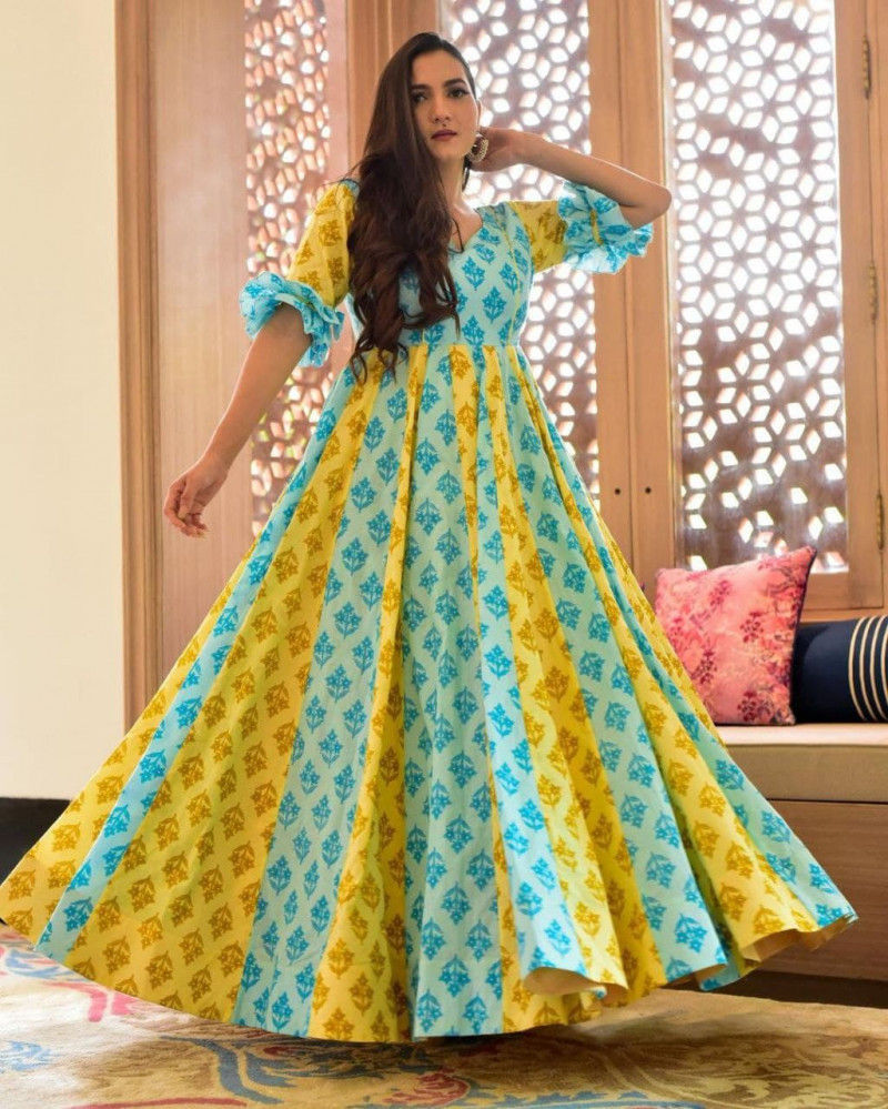 Buy Ravishing Yellow And Sky Blue Color Long Gown For Wedding wear