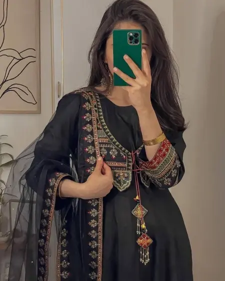 Buy Designer Black Color Embroidery Work Anarkali Gown With Dupatta