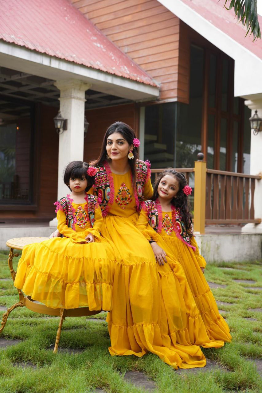 Thumbnail: Buy Yellow color mother daughter combo dress online