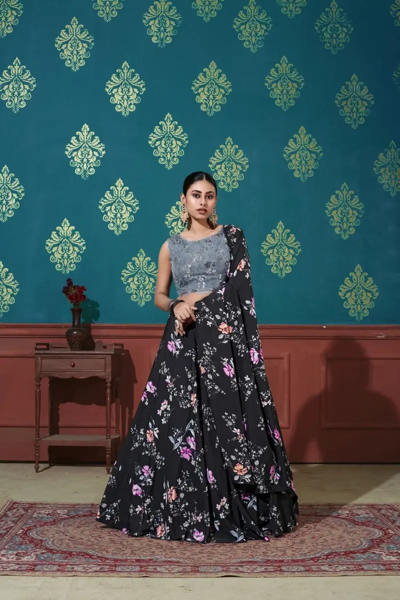 Buy Designer Black Color Thread Embroidered Work Lehenga Choli