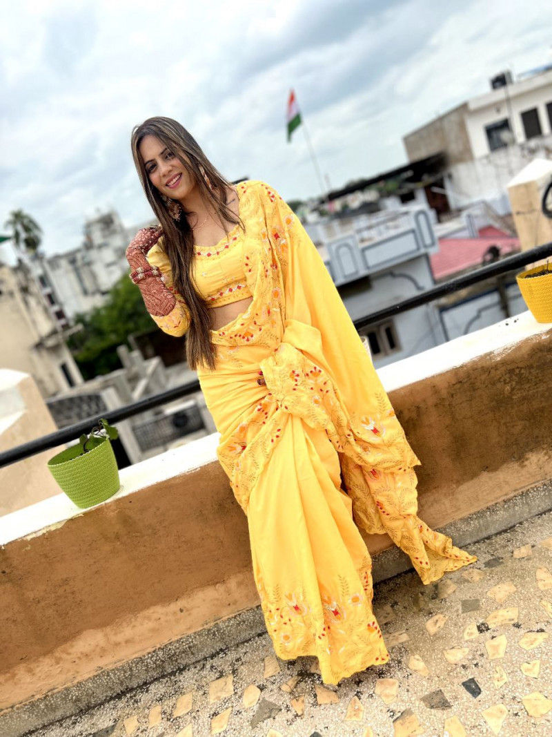Buy Yellow Colored  Floral Embroidered Design Saree With Blouse