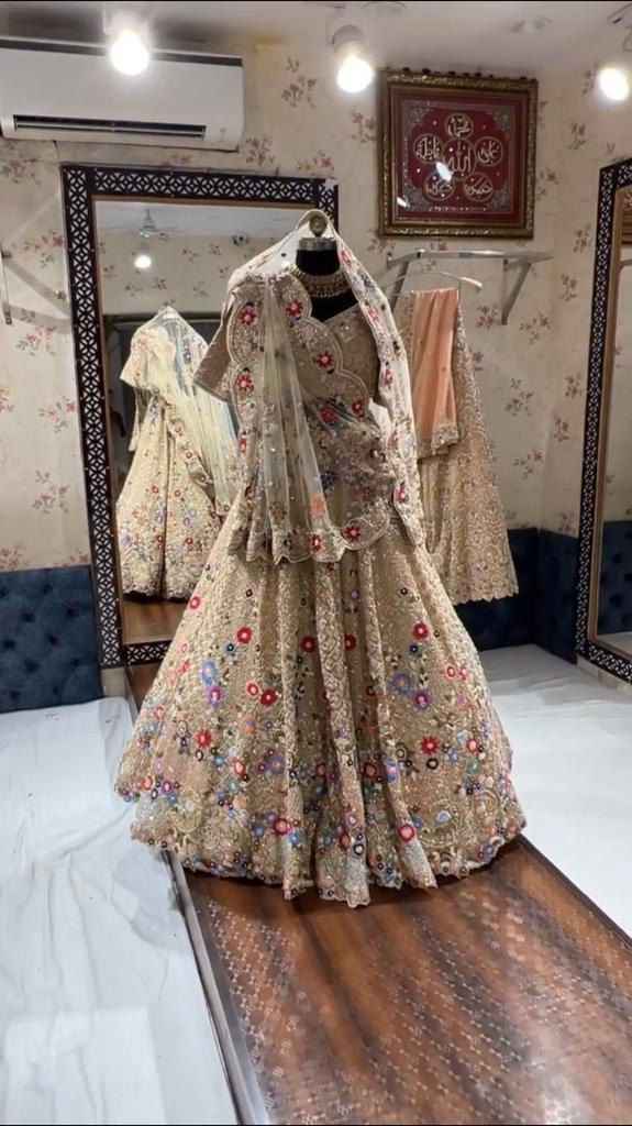 Wedding Wear Cream Color Silk Flower Work lehenga choli