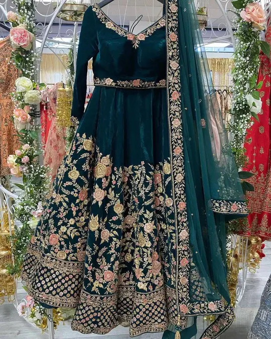 Buy Beautiful Teal Blue Embroidery Work Velvet Lehenga Choli