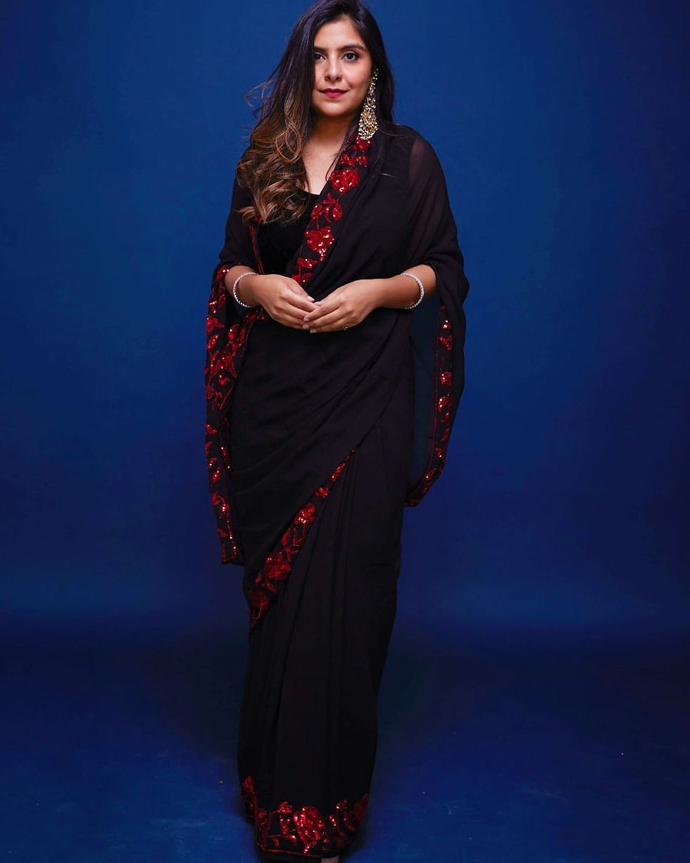 Buy Black & Red Colored  Border Ethnic Motifs Fusion Saree