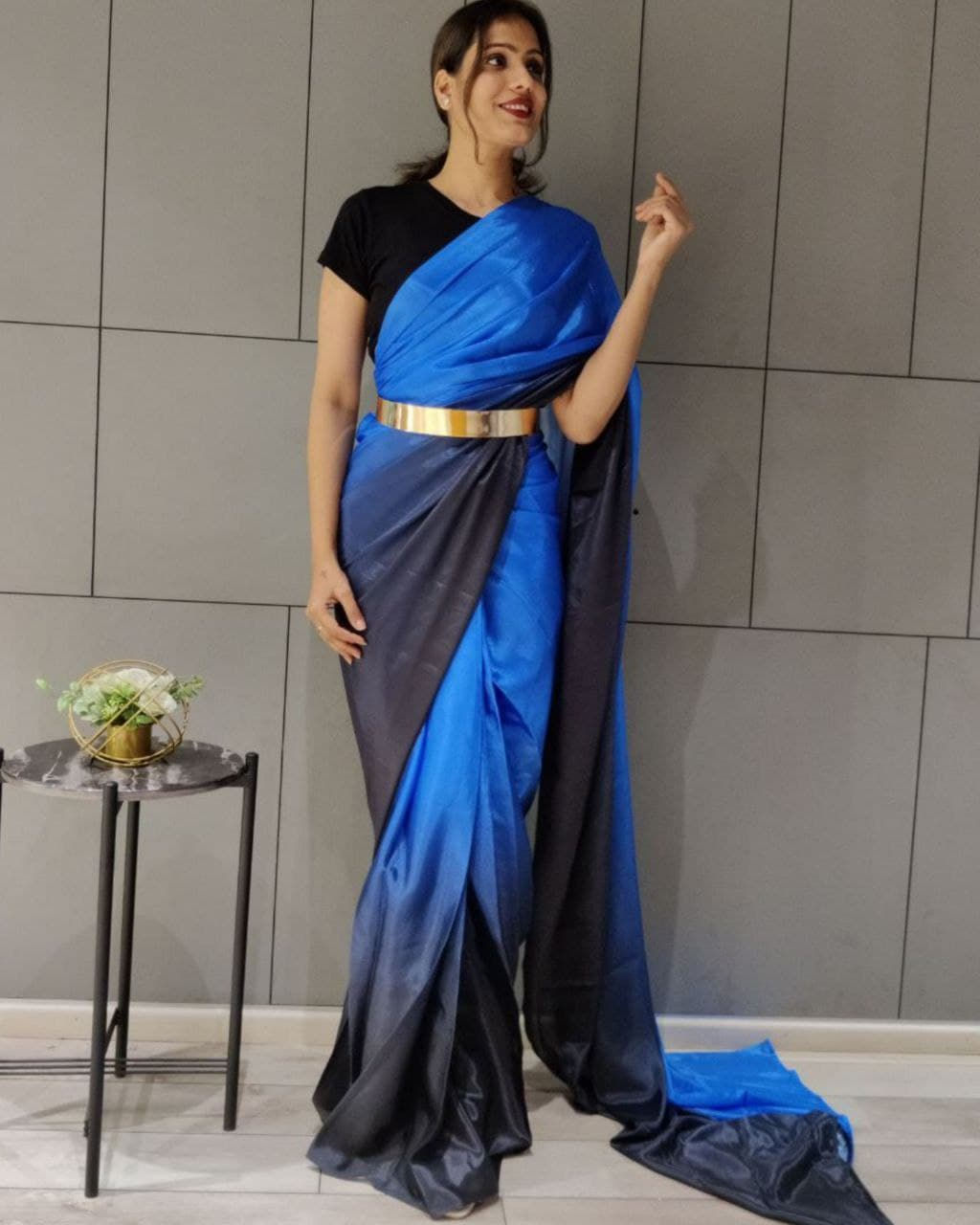 Buy Amazing Blue And Black Satin Silk Ready To Wear Saree With Belt
