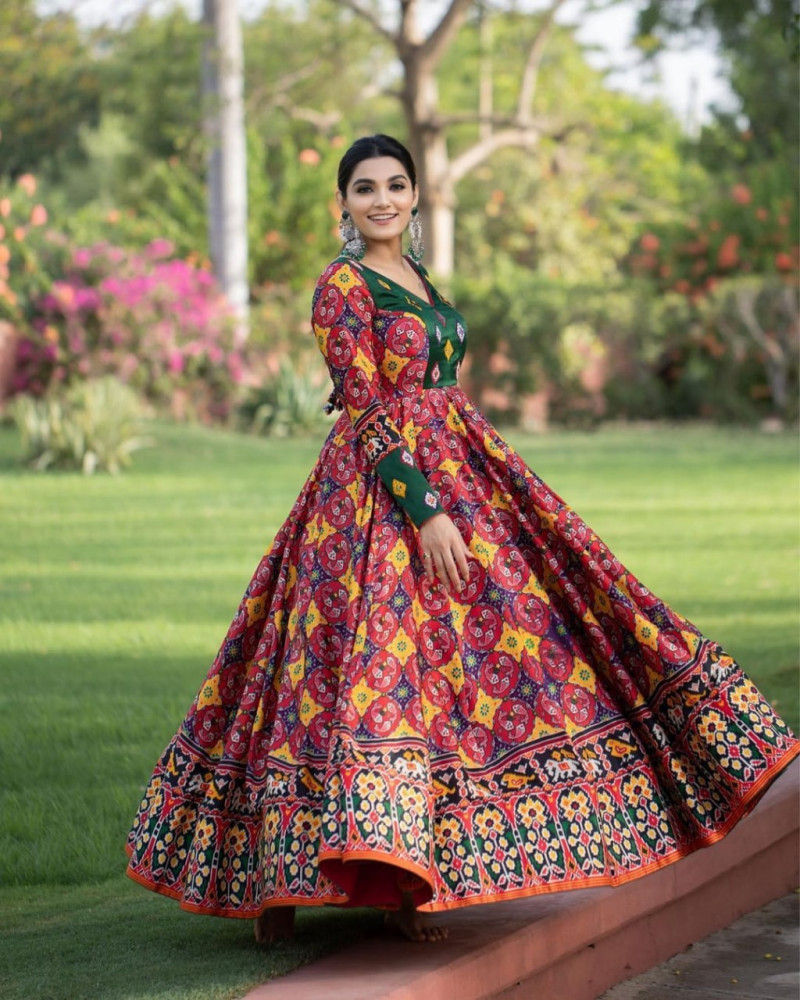 Buy Party Wear Multi Colored Digital Printed Heavy Long Gown