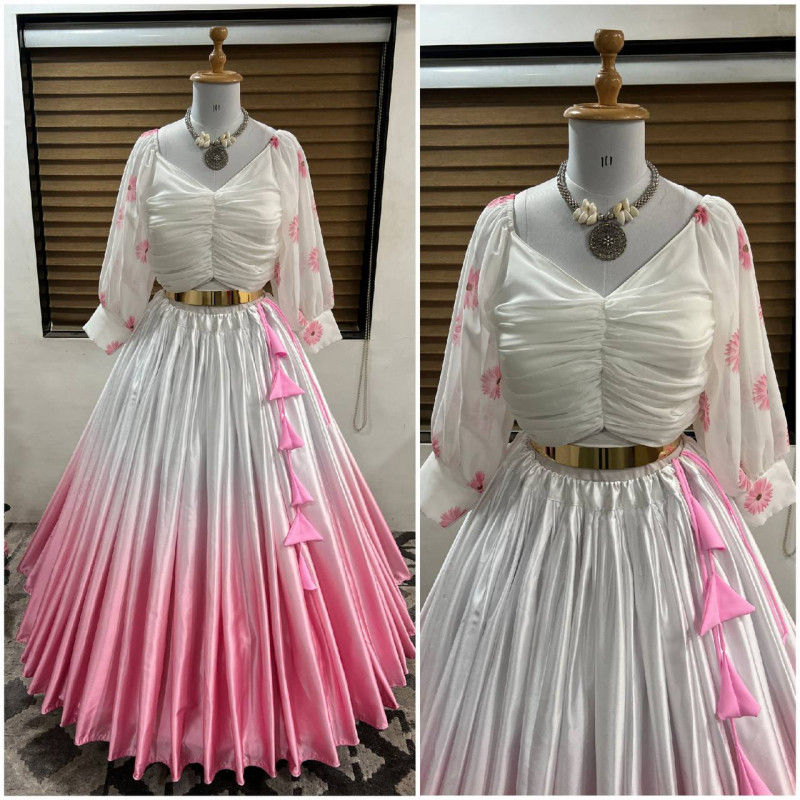Buy Unique Light Pink And White Digital Print Crop Top Lehenga Choli