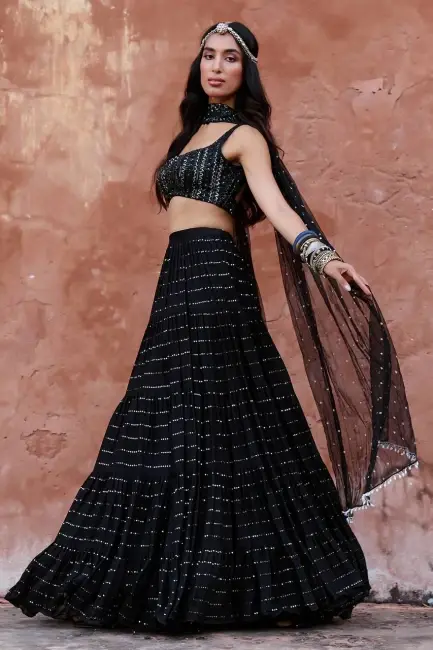 Buy Party Wear Embroidery Work Black Color Ruffle Flair Lehenga Choli