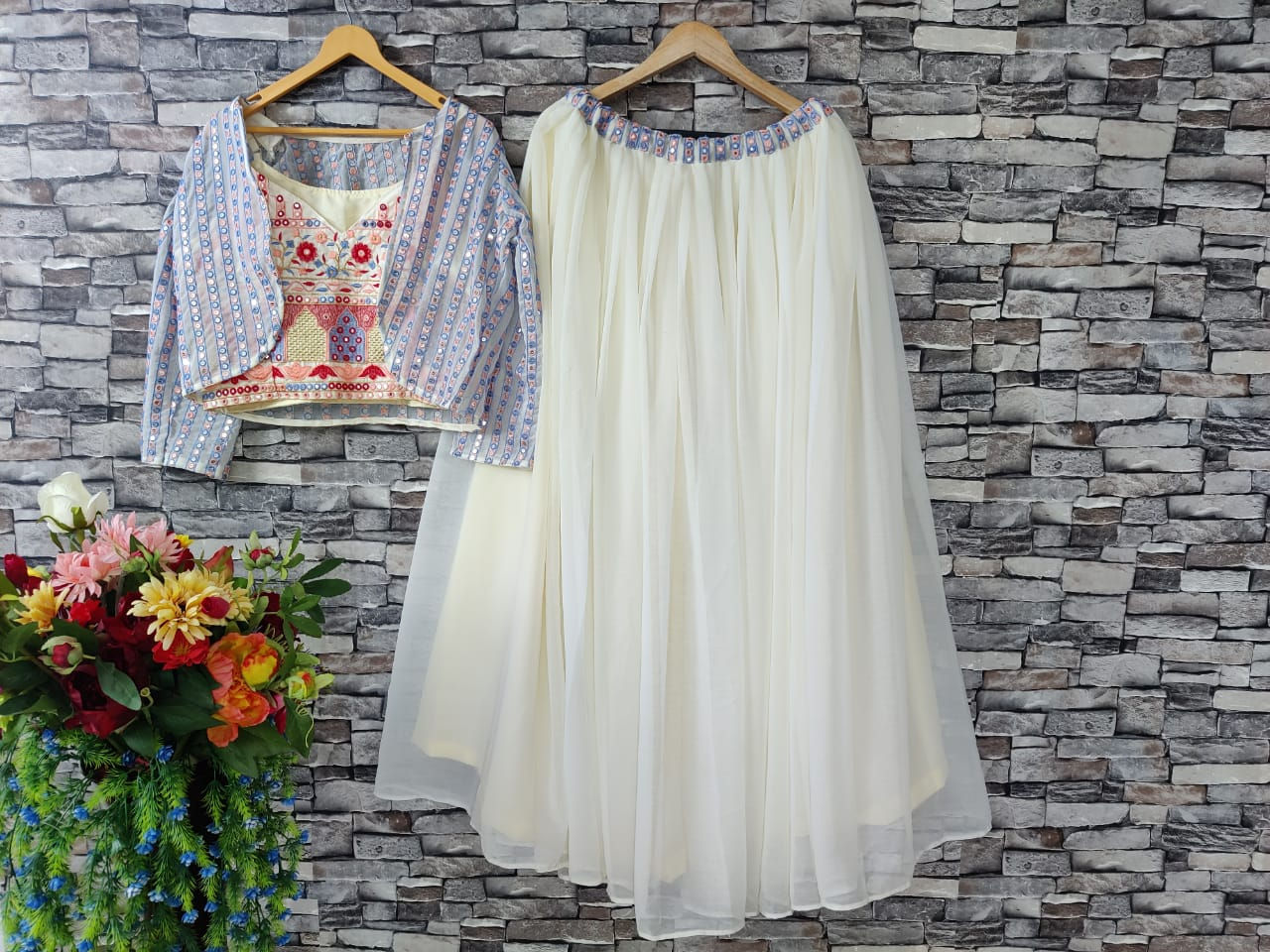 Latest Georgette Cream Colour Jacket style lehenga choli