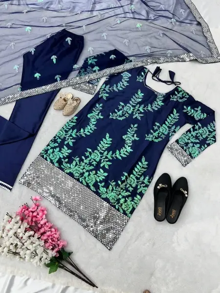 Buy Fancy Satin Silk Navy Blue Color Kurti With Pant