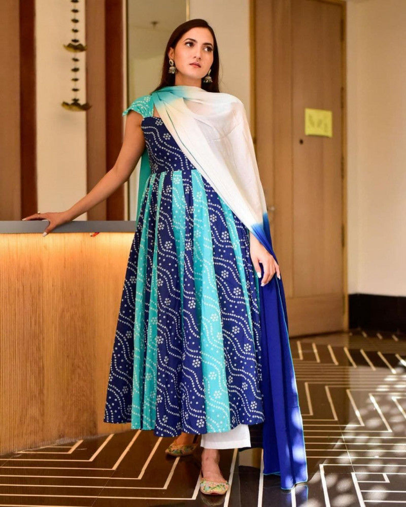 Buy Designer Printed Blue Colored And Sky Blue Anarkali Suit
