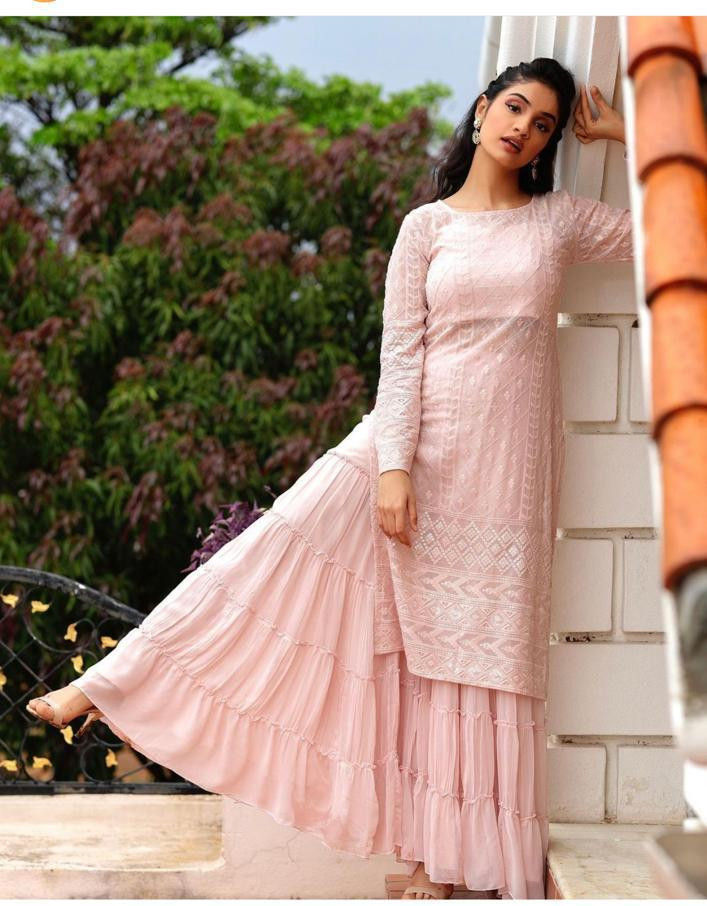 Buy Latest Pastel Peach Party Wear Top With Lehenga