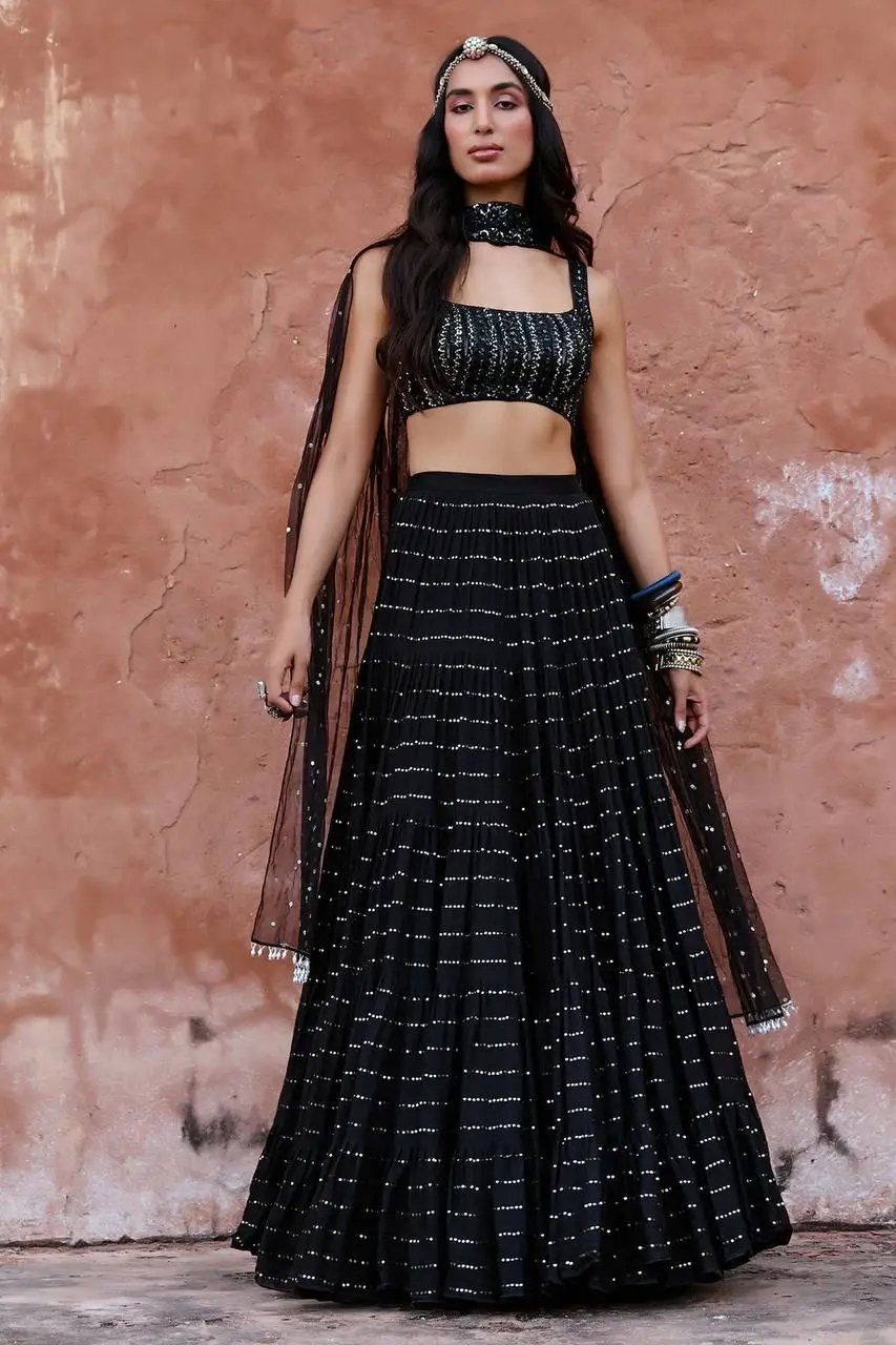 Buy Party Wear Embroidery Work Black Color Ruffle Flair Lehenga Choli