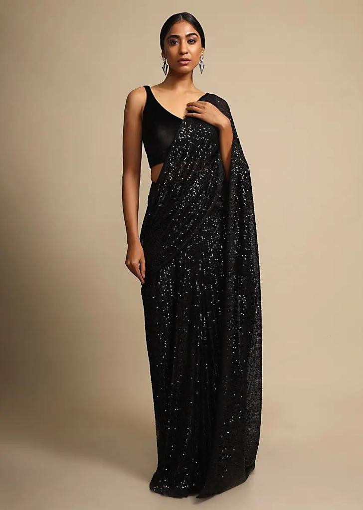 Buy Precious Net Black Saree In Sequins Work