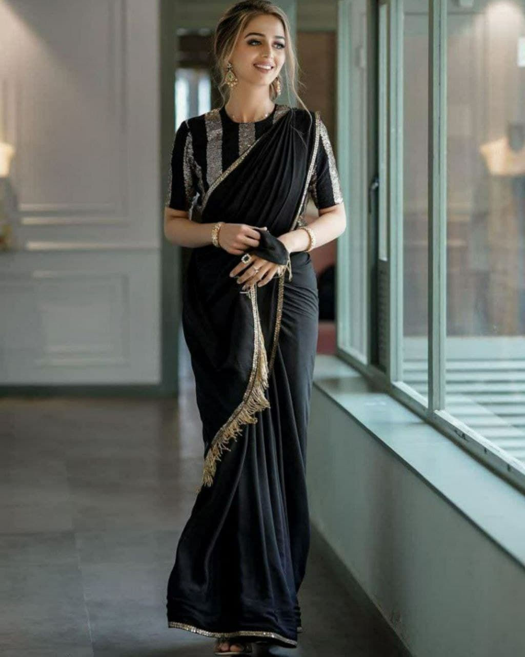 Buy Black Georgette Sequence Lace Border Work Saree With Belt
