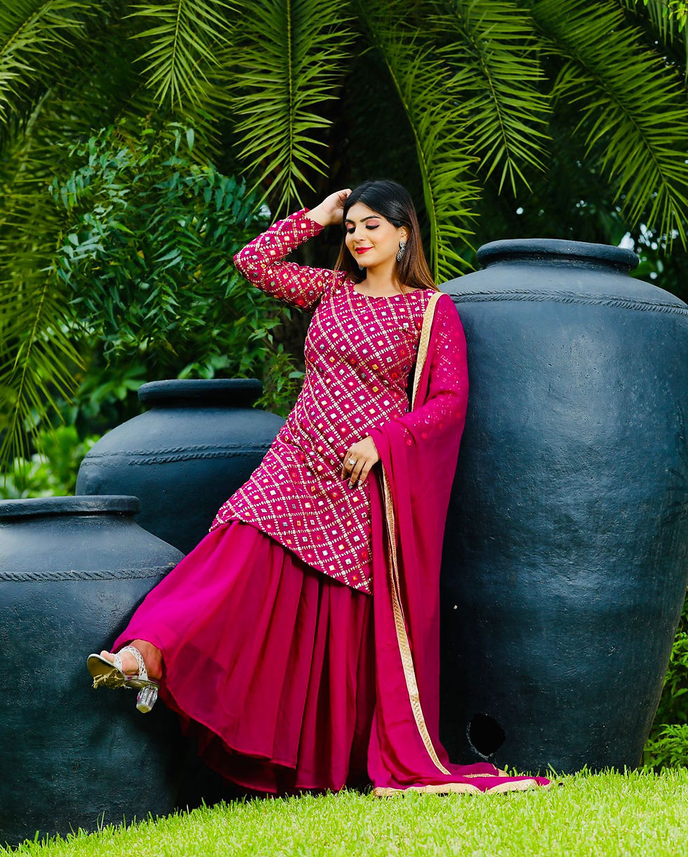 Thumbnail: Online Pink colour Plazzo suit for women