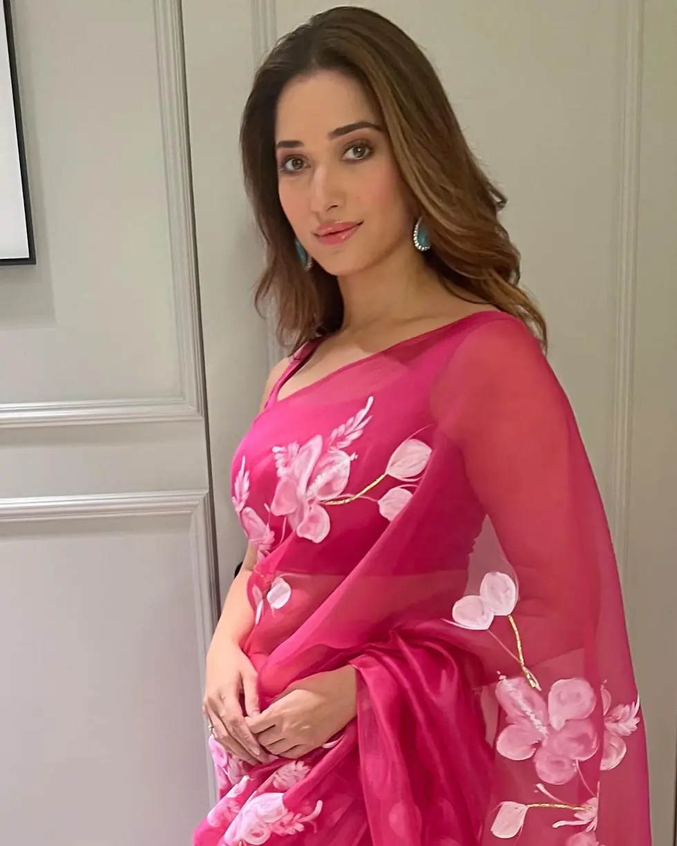 Buy Bollywood Style Tamanna wear Organza Silk Pink Color Saree