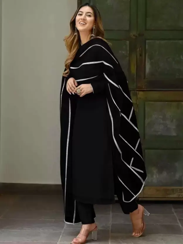 Thumbnail: Buy Daily Wear Ethnic Black Kurti Set With Pent and Dupatta Light Weight
