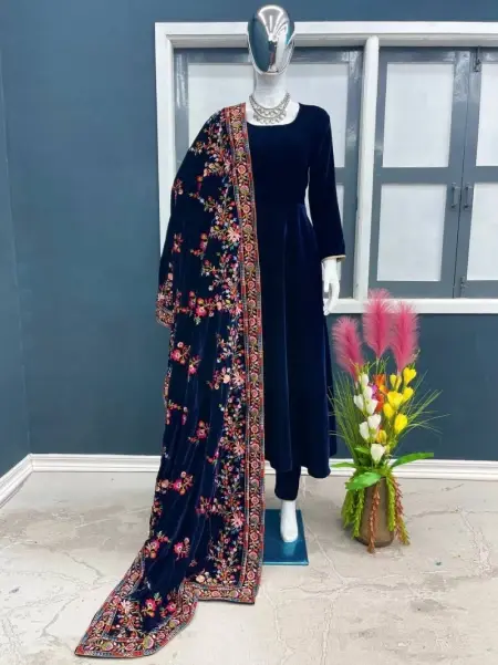 Buy Navy Blue Color Velvet Salwar Suit With Embroidery Work Velvet Dupatta