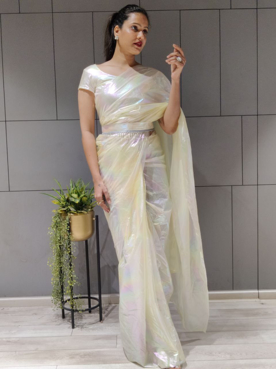 Buy Cream- Colored  & Gold-Toned Ethnic Chiffon Silk Saree