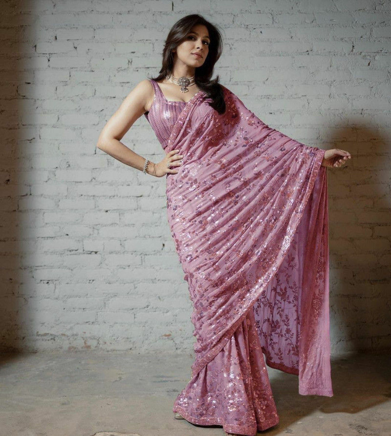 Buy Occasion Wear Mauve Pink Colored  Sequin Saree