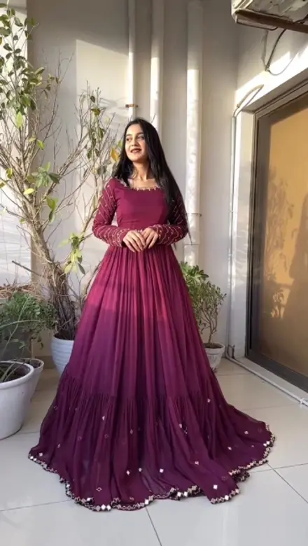 Buy Party Wear Wine Color Embroidery Sequence Work Long Gown | keerramnx Buy Party Wear Wine Color Embroidery Sequence Work Long Gown | keerramnx