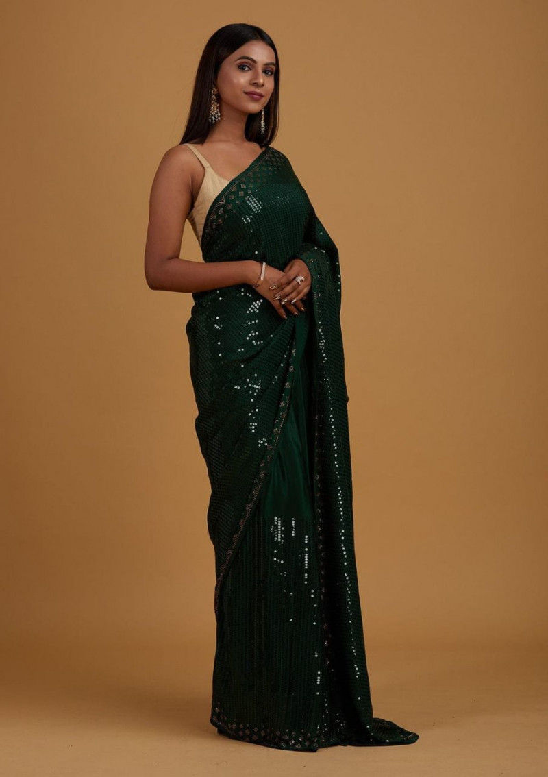 Buy Ravishing Green Colored Sequin Designer Saree
