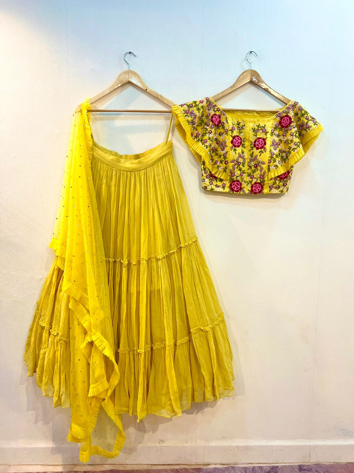 Yellow Colour Ruffle Style Lehenga choli for haldi