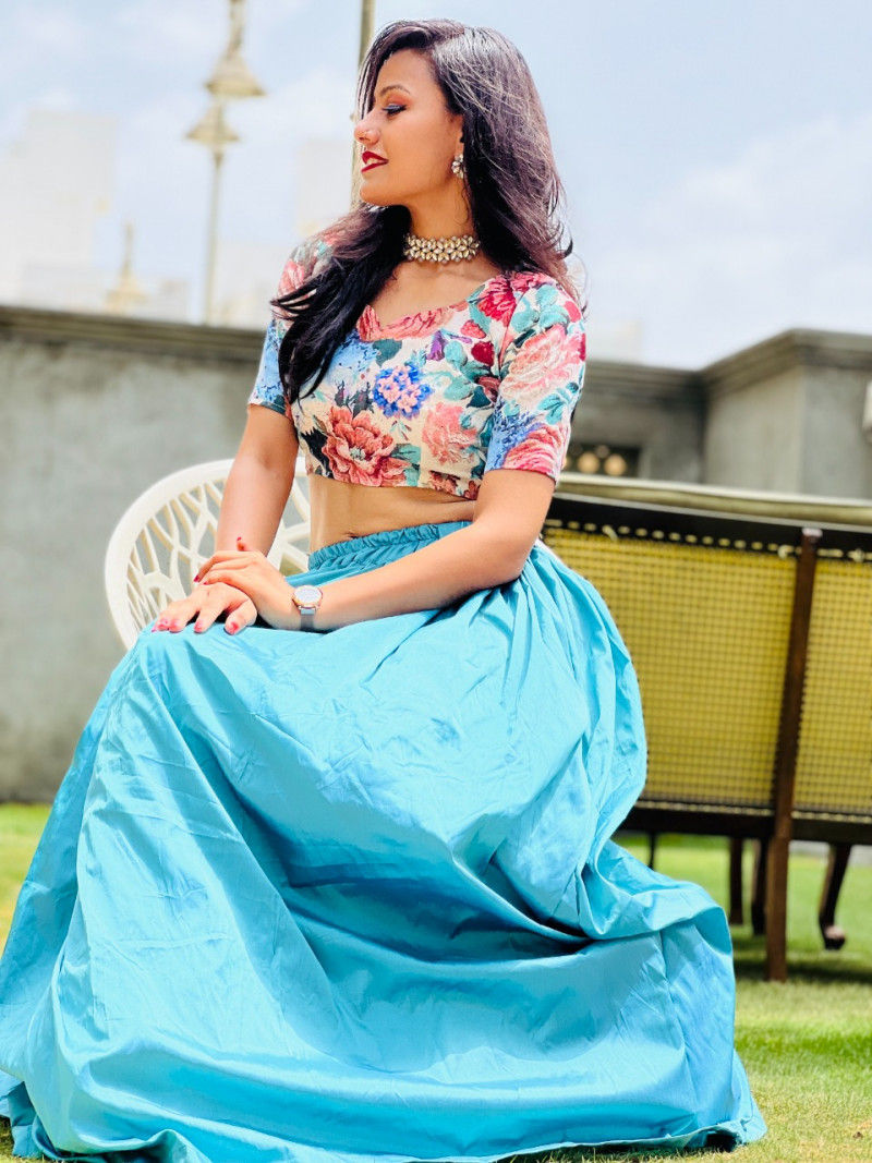 Thumbnail: Buy Designer Sky Colored  Party Wear Crop Top Printed Lehenga