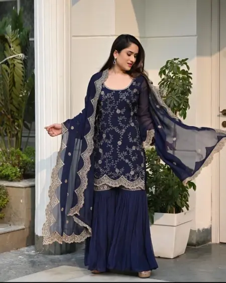 Buy Navy Blue Color Embroidery Sequence Cutwork Sharara Suit