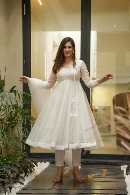 Buy Pretty White Color Beautiful Work Organza Silk Anarkali Gown