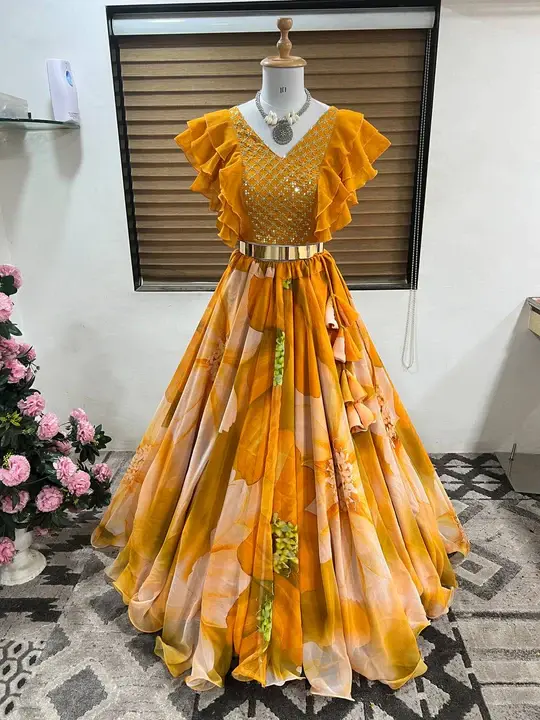 BuyDigital Printed Mustard Color Georgette Crop-Top Lehenga