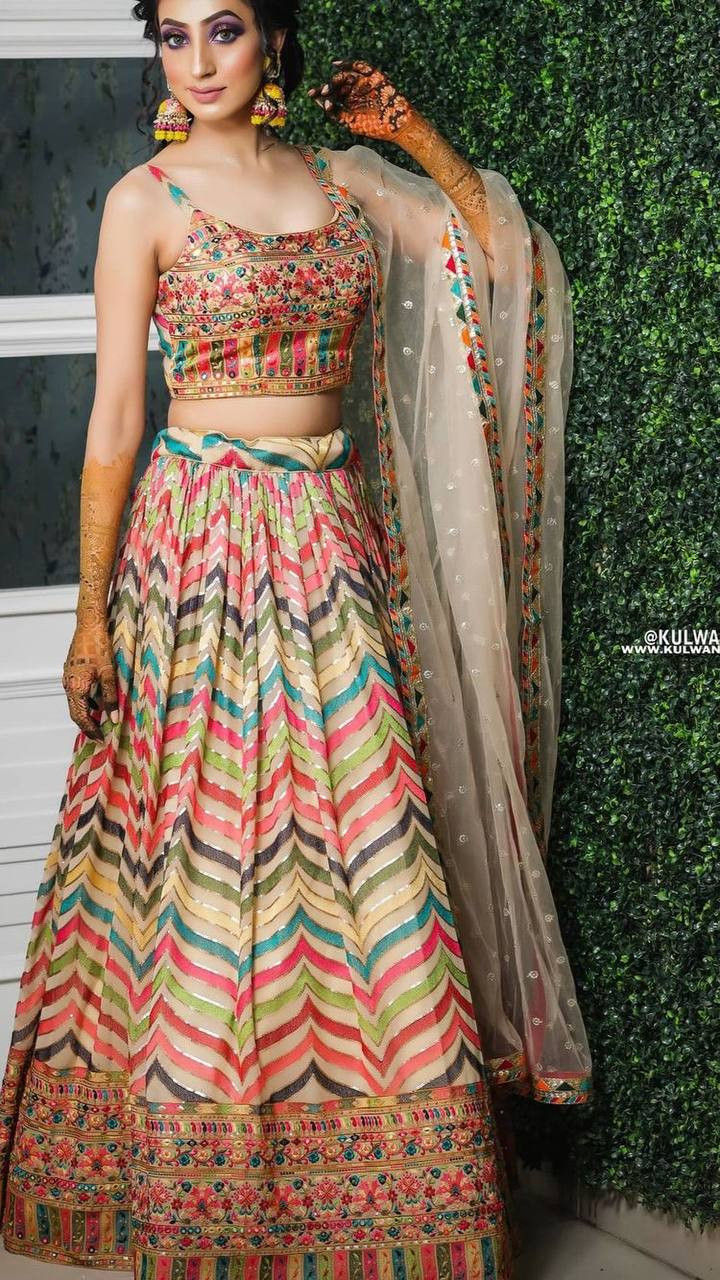 Pleasance Off White Zig Zag Digital Printed Sequences Party Wear Lehenga Choli