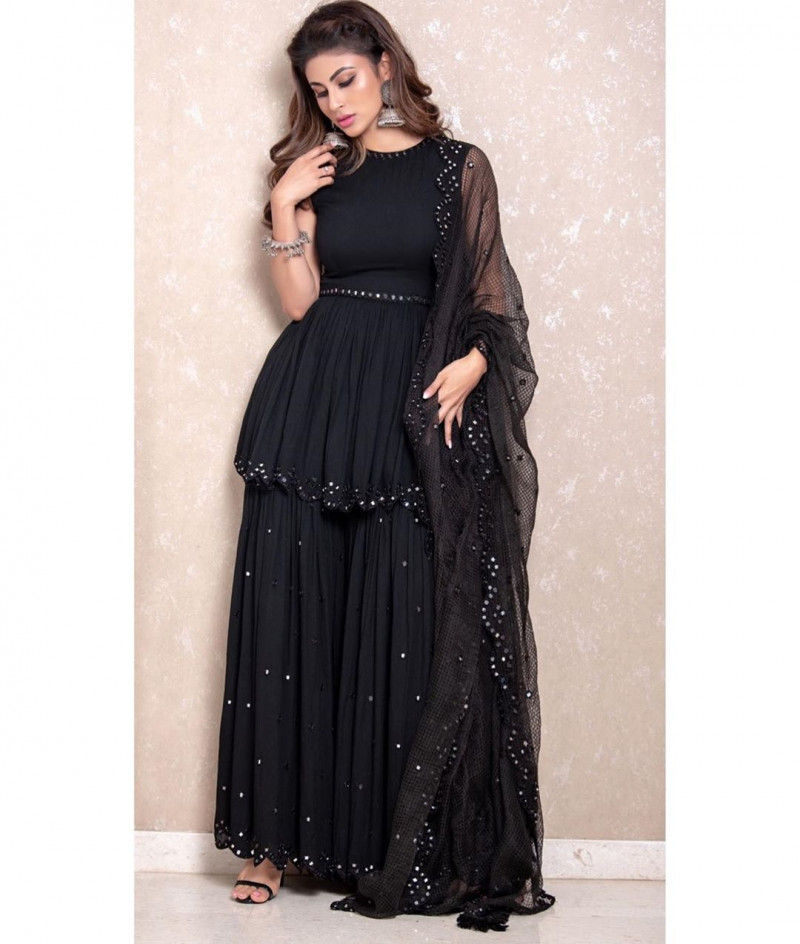 Buy Mouni Roy's Hit Black Color Designer Sharara Suit