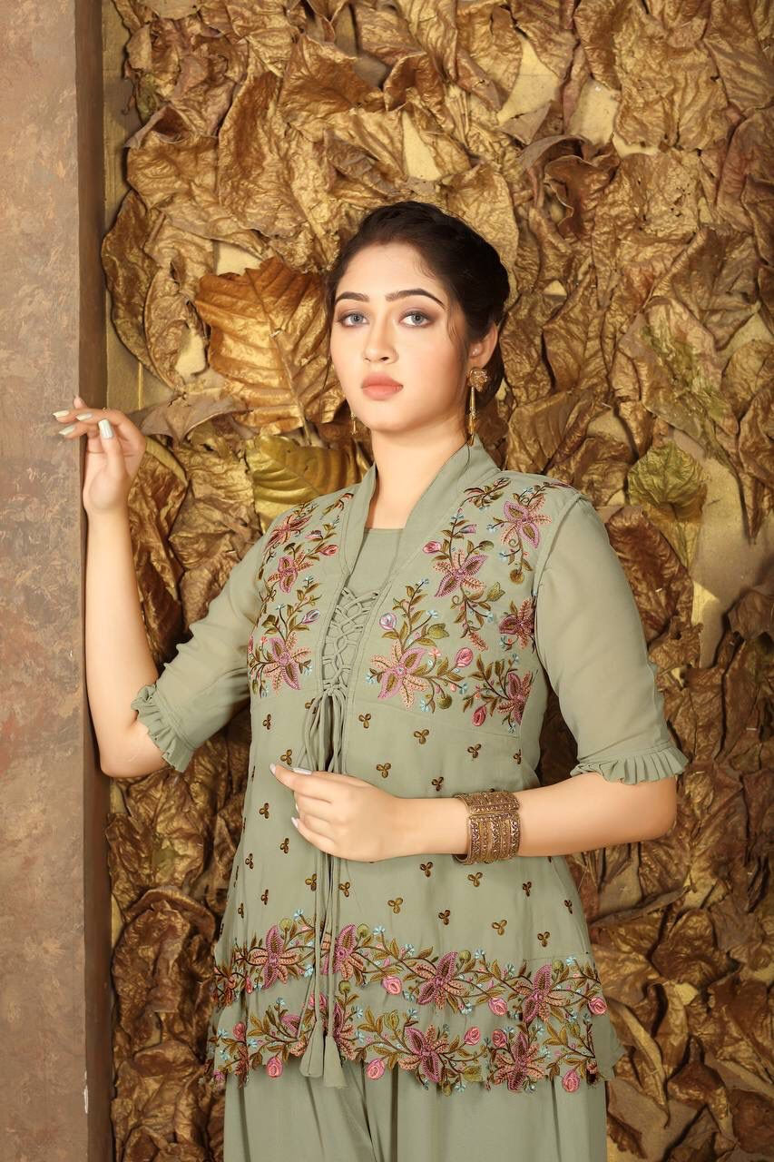 Thumbnail: Latest Designer Badami colour Jacket style  plazzo Suit