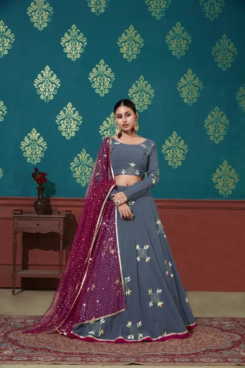 Buy Blue With Magenta Color Foil Printed Work Designer Lehanga Choli