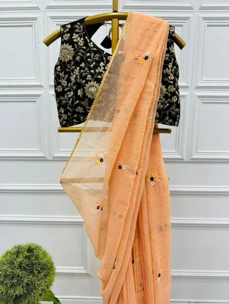 Buy Latest Peach Color Cotton Thread All Over Work Saree