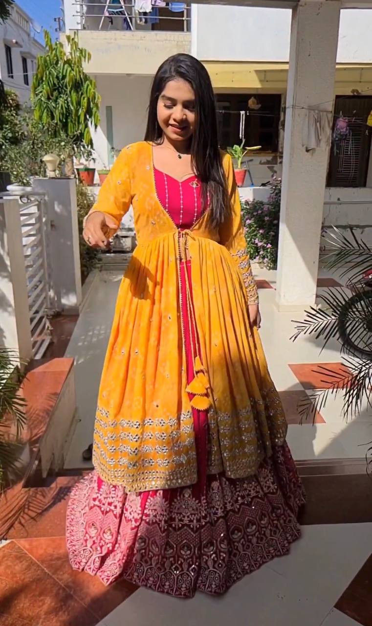 Buy Sangeet OutFit Pink With Orange Color Lehenga Choli With Shrug