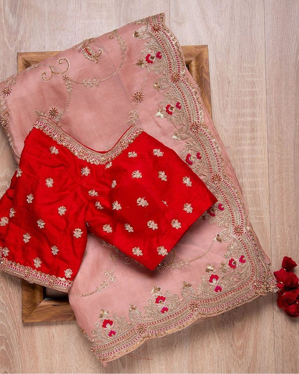 Buy Beautiful Peach & Red Organza Silk Embroidery Work Saree With Blouse