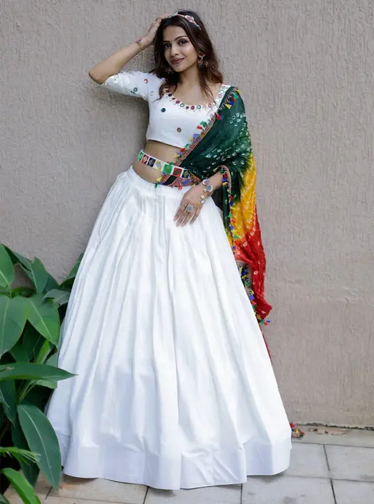 Buy White Color Cotton Lehenga Choli With Mirror Work Belt