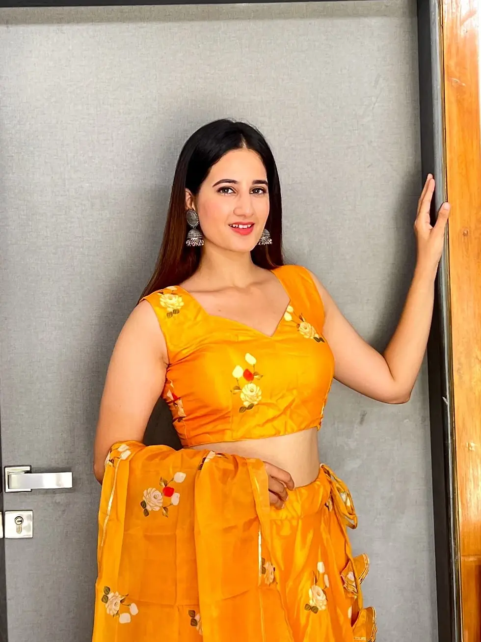 Thumbnail: Buy Party Wear Organza Silk Digital Printed Mustard Lehenga Choli