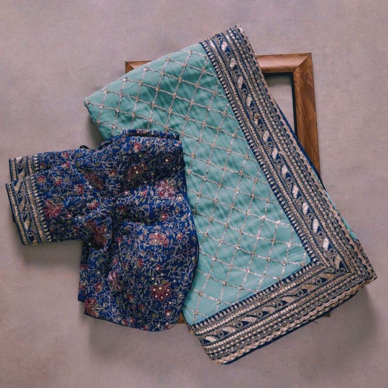 Buy Latest Attractive Sky Blue Sequence Saree With Heavy Blouse