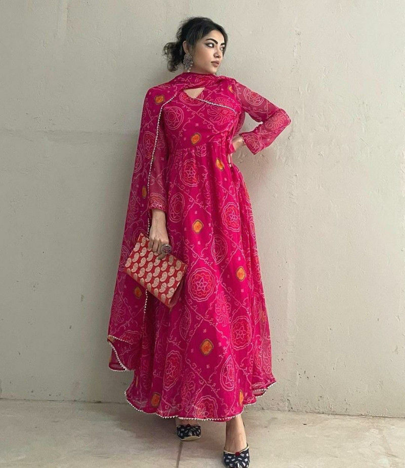 Thumbnail: Buy Casual Wear Designer pink Colored Printed Gown