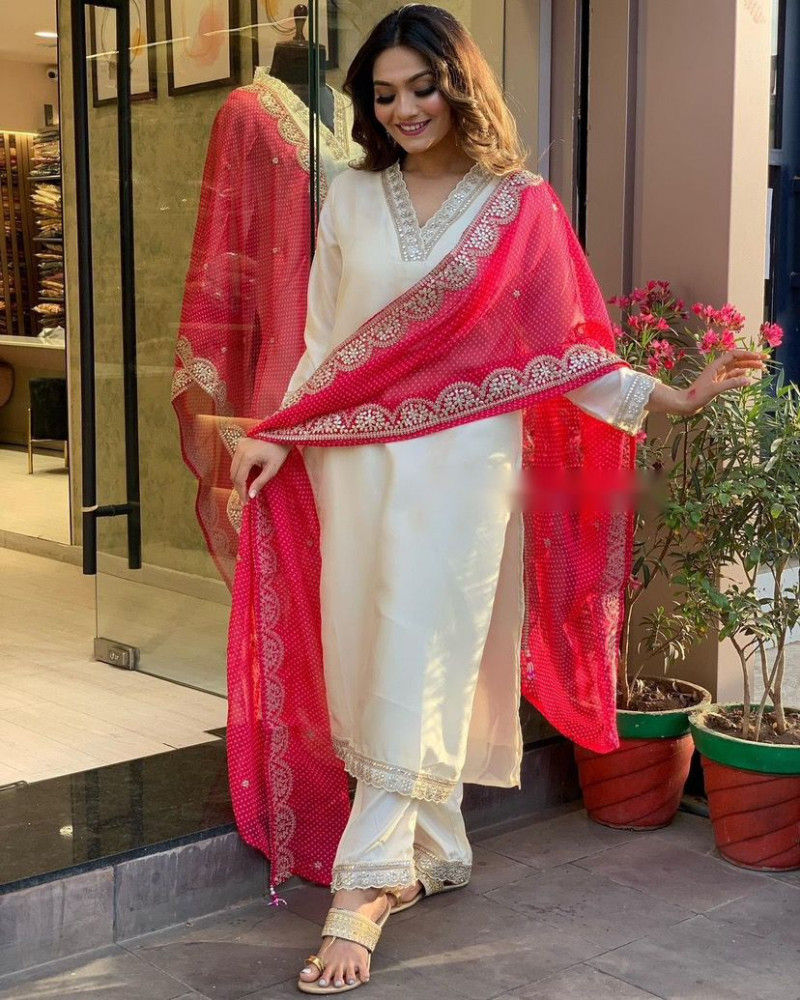 Buy Latest Sequence Work White Color Salwar Suit With Pink Dupatta