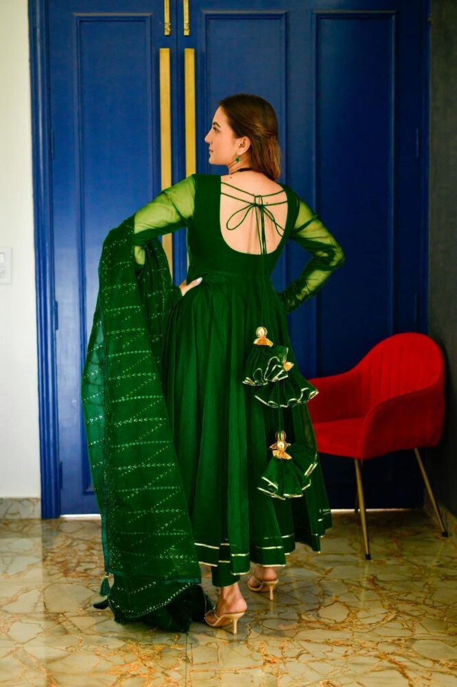 Buy Green Colored  Organza Top With Lining Work On Dupatta