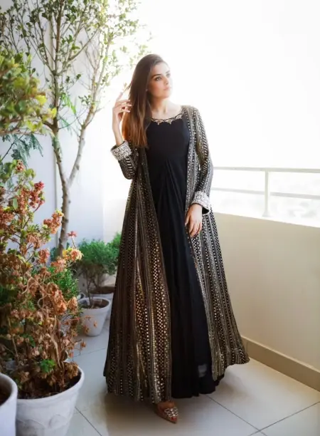 Buy Black Color Plain Gown With Full Sequence Work Shrug